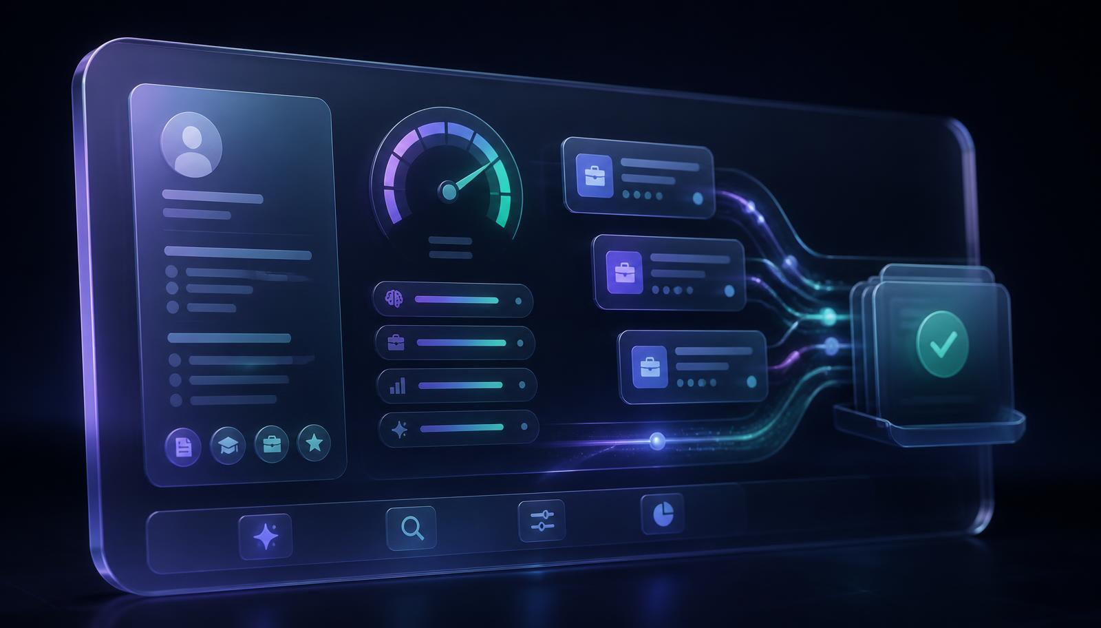 Glass AI job search toolkit panel showing a resume card, match-score dial and job cards flowing into an approval queue