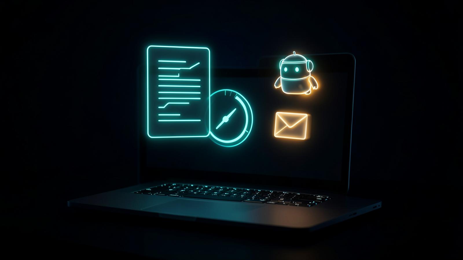 Glowing AI career tools — a resume document, match-score gauge, robot assistant and envelope — floating above a laptop in the dark