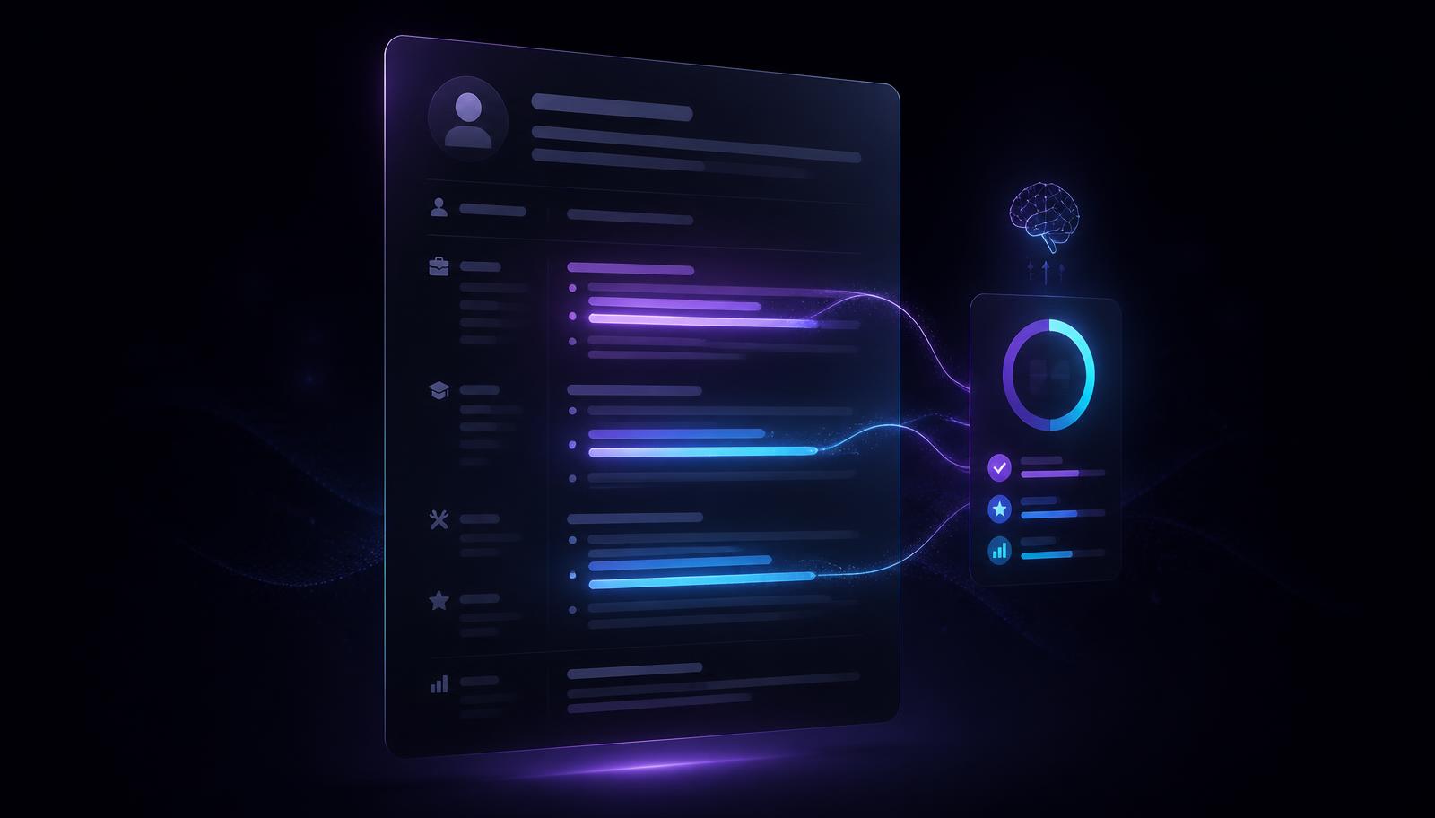 AI rewriting resume bullet points beside an ATS score dial on a dark dashboard