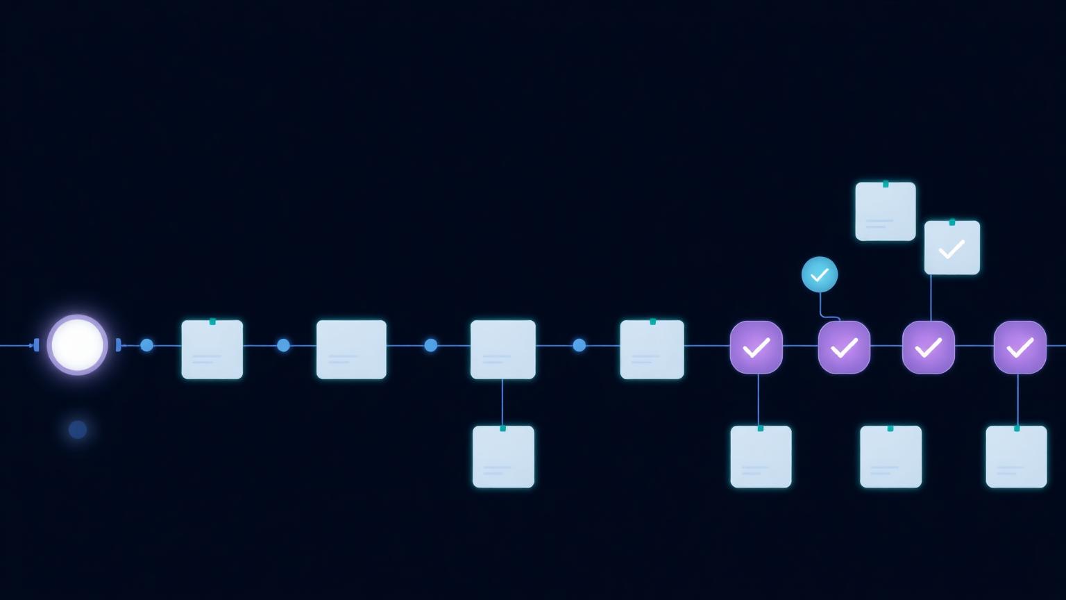 An automated pipeline feeding resume documents through glowing stages — discover, score, tailor, submit — on a dark dashboard