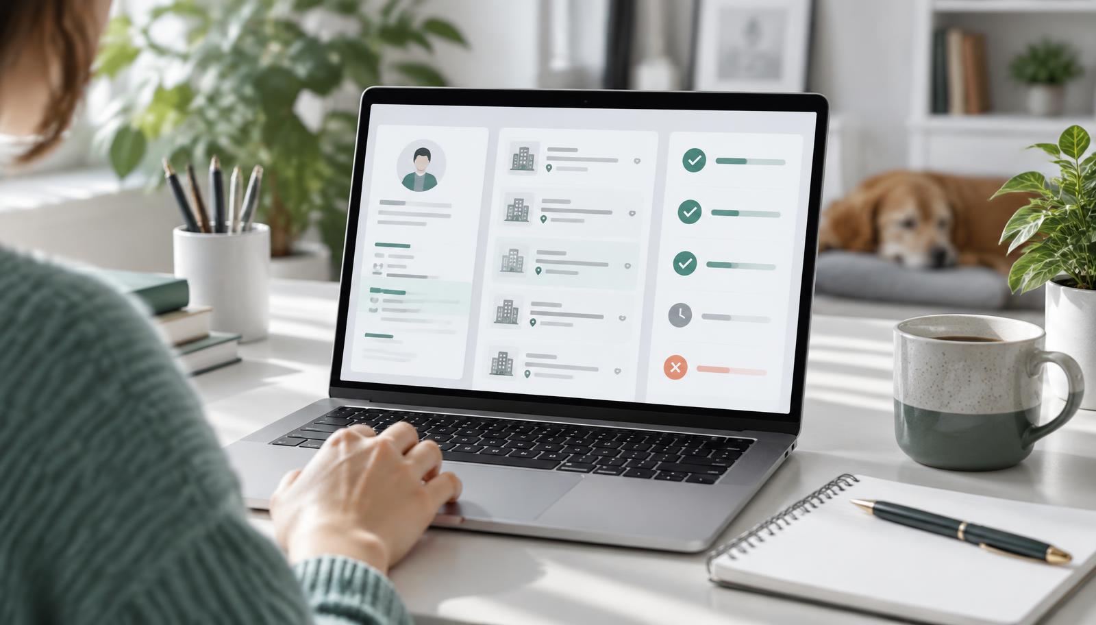 Job seeker reviewing resume details, job matches, and application statuses on a laptop in a bright home office; editorial illustration, not a product screenshot
