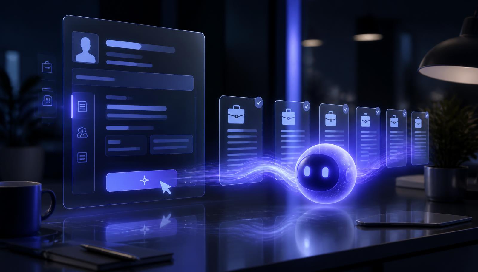 AI agent auto-completing a queue of LinkedIn Easy Apply job applications on a dark glass desk