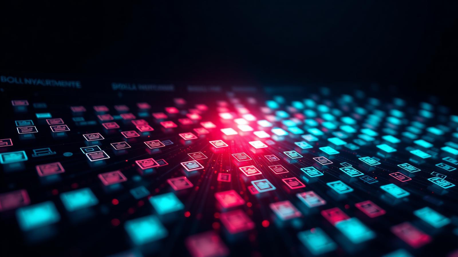 Streams of glowing application cards fanning out from a single AI source, some accepted and some filtered, on a dark dashboard