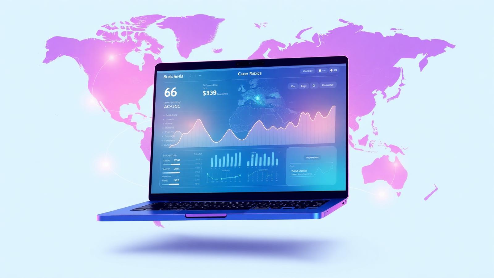 Laptop with career analytics dashboard floating over a world map representing remote tech jobs