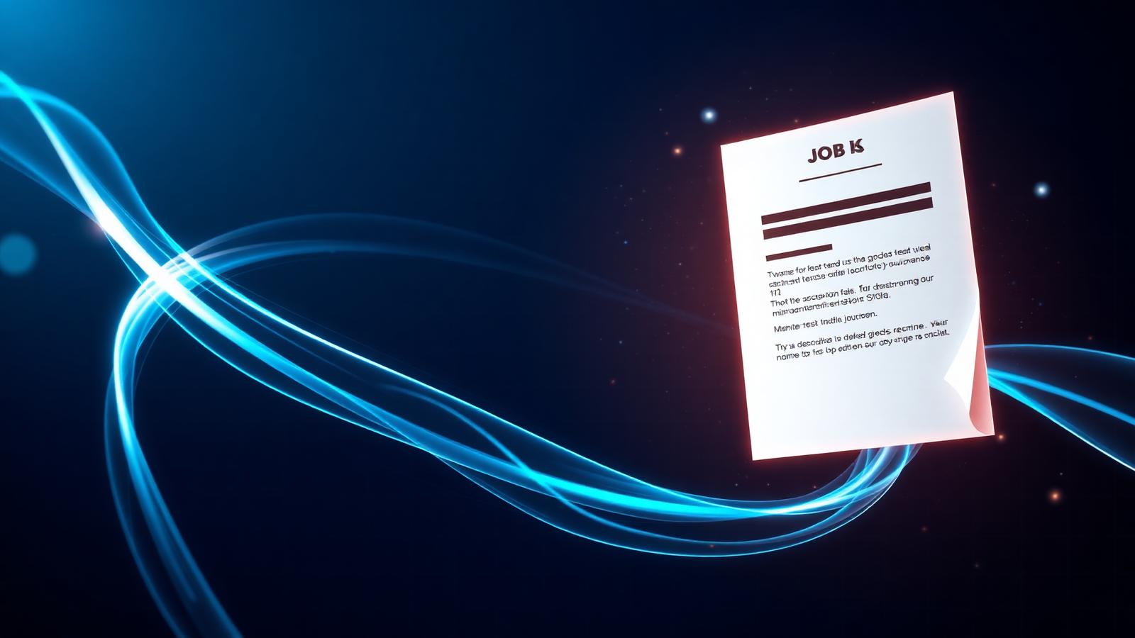 Glowing resume being reshaped by indigo light ribbons to match a floating job description card